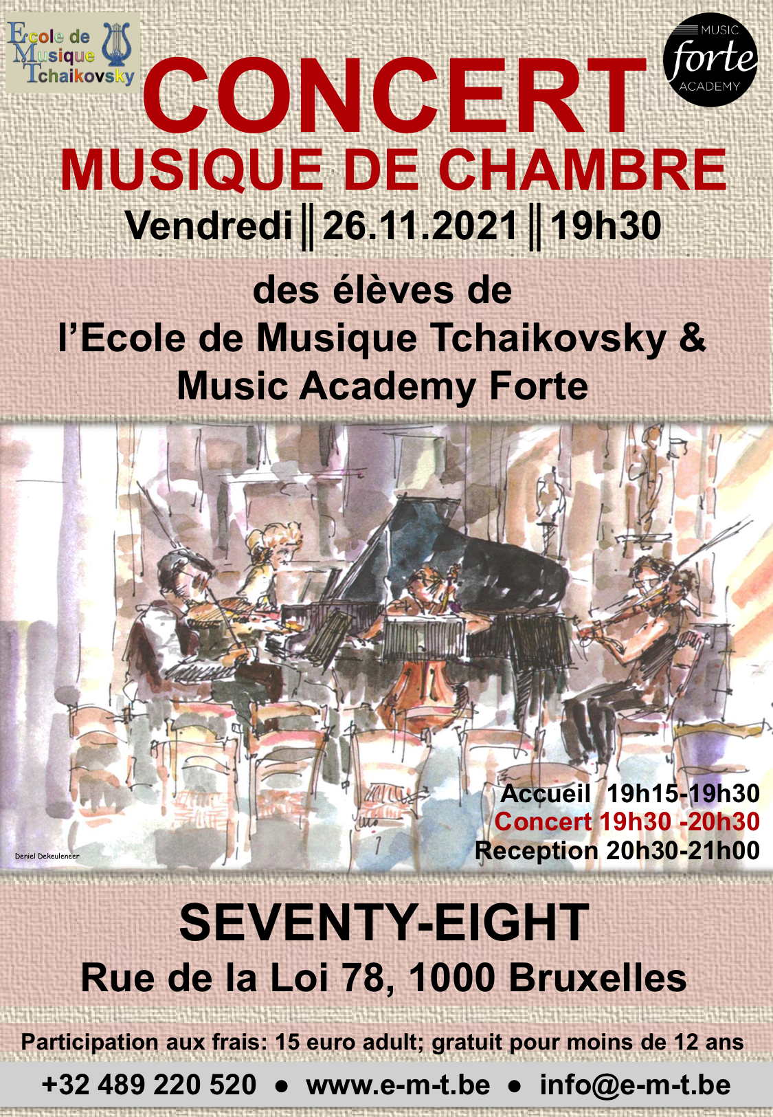 Affiche. Concert de musique de chambre des élèves Ecole de musique Tchaïkovsky et Music Academy Forte. 2021-11-26